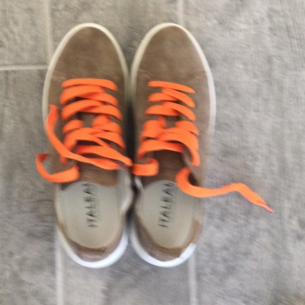 Taupe Suede Women’s Sneakers with Orange Laces